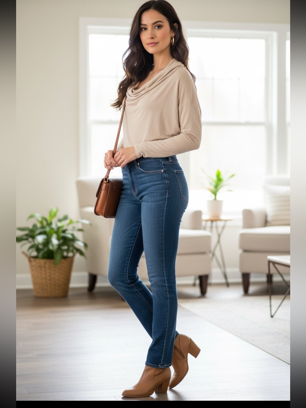 Express Draped Cowl-Neck Blouse Natural Beige Top S-M